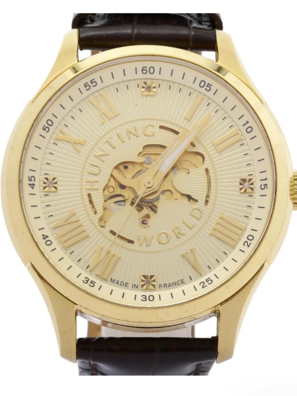 Hunting World HW409B men's automatic watch with a gold-tone skeleton dial